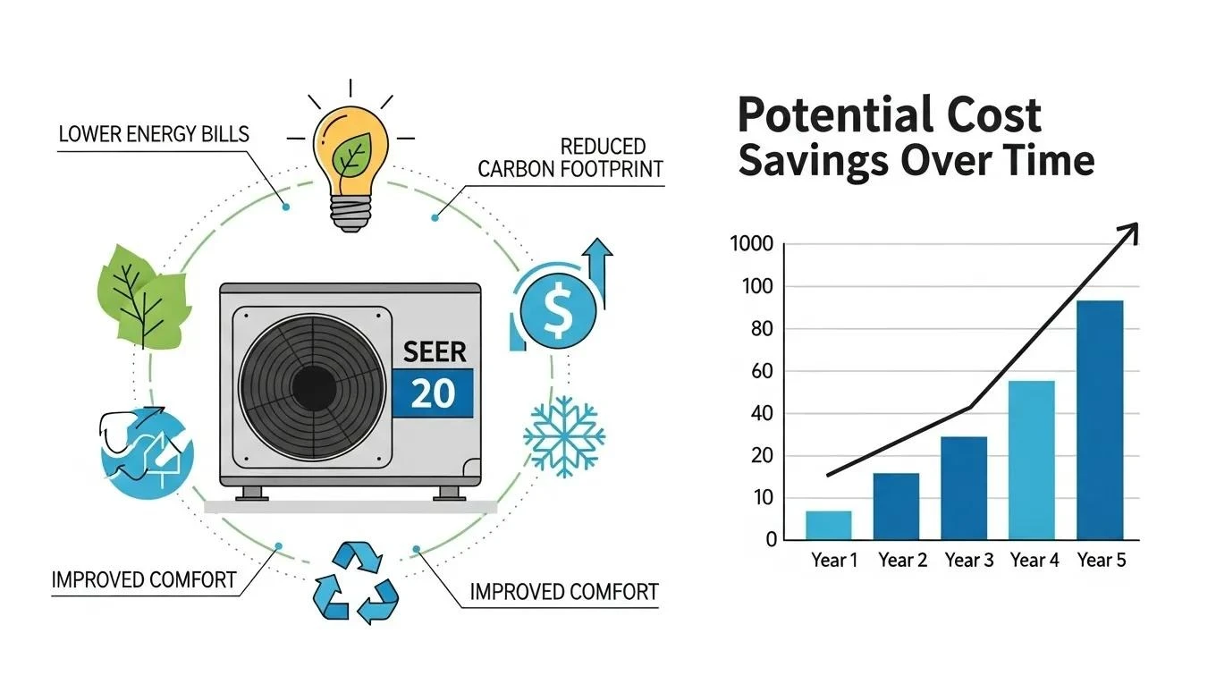 Illustration of energy efficiency in air conditioning systems, featuring a high-efficiency unit and cost-saving benefits