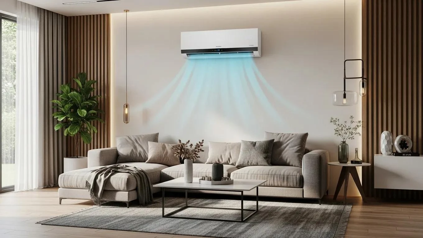Modern living room featuring a stylish air conditioning unit, highlighting comfort and contemporary design