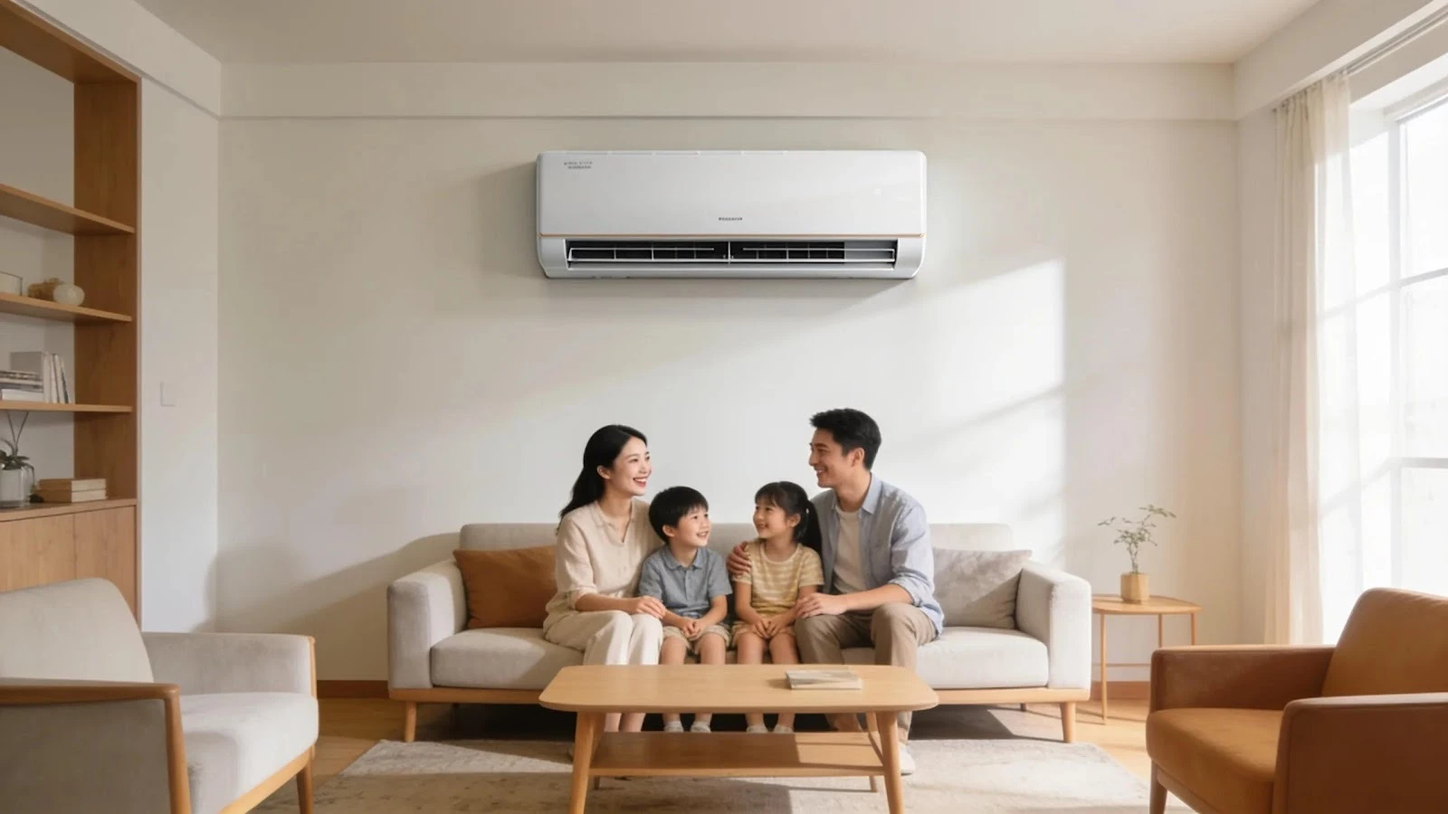 Modern living room with air conditioning unit, showcasing family comfort and energy efficiency