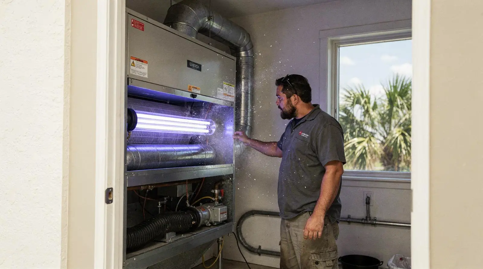 Ultraviolet light targets airborne pollutants including bacteria, viruses, and mold spores inside HVAC equipment.; There