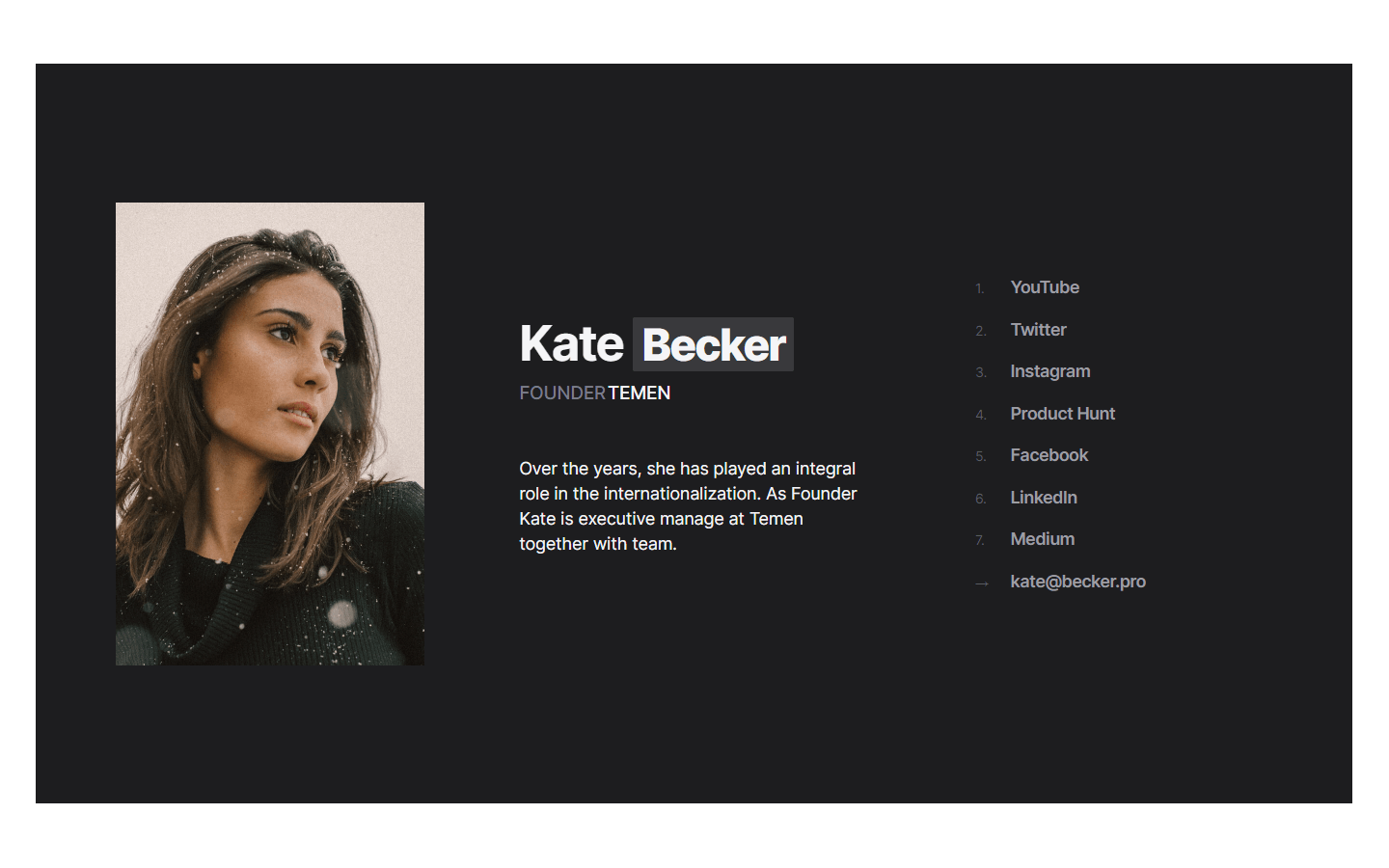 visit card webflow template. dark theme