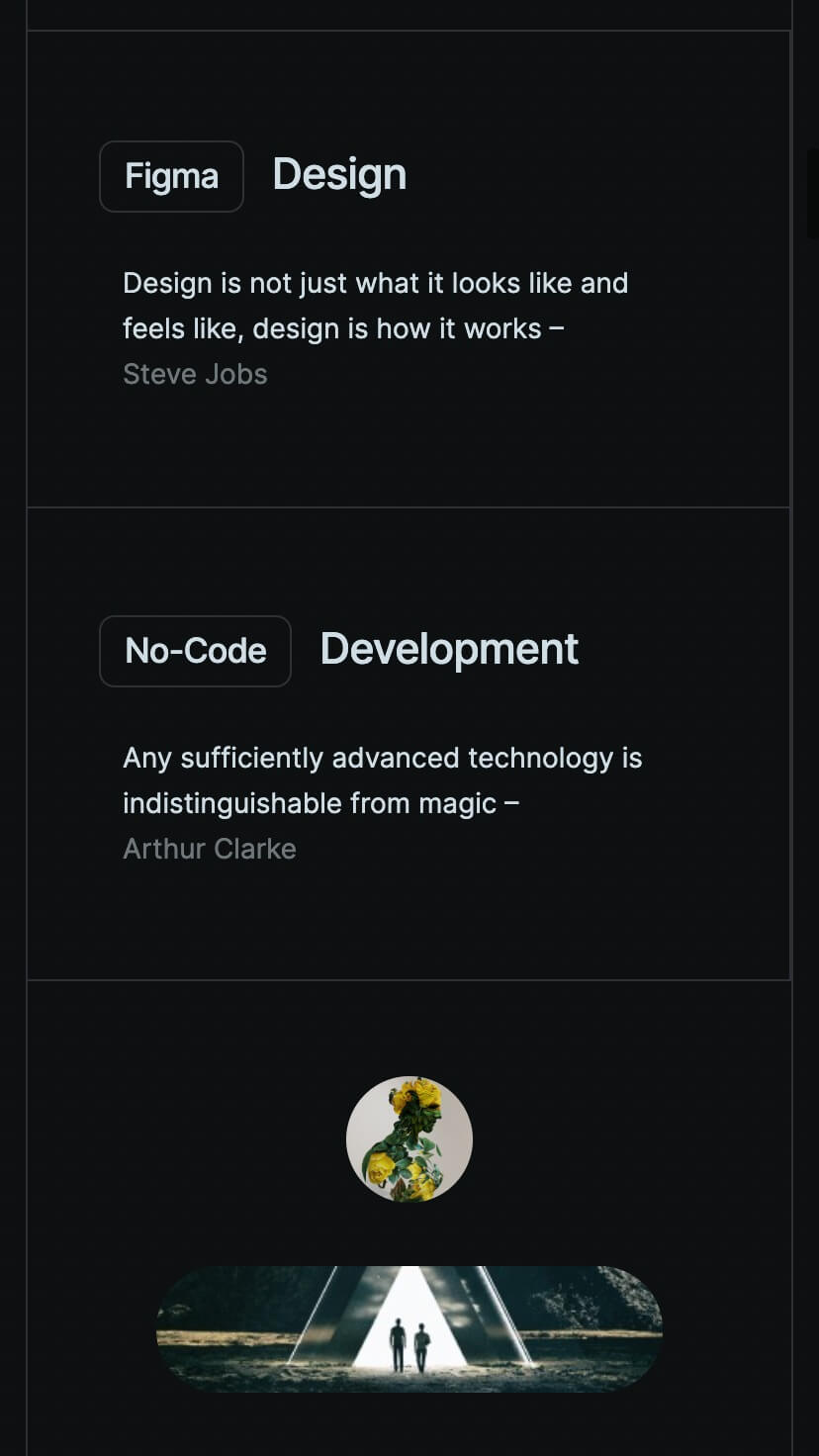 dark portfolio one page webflow template, mobile design, project section