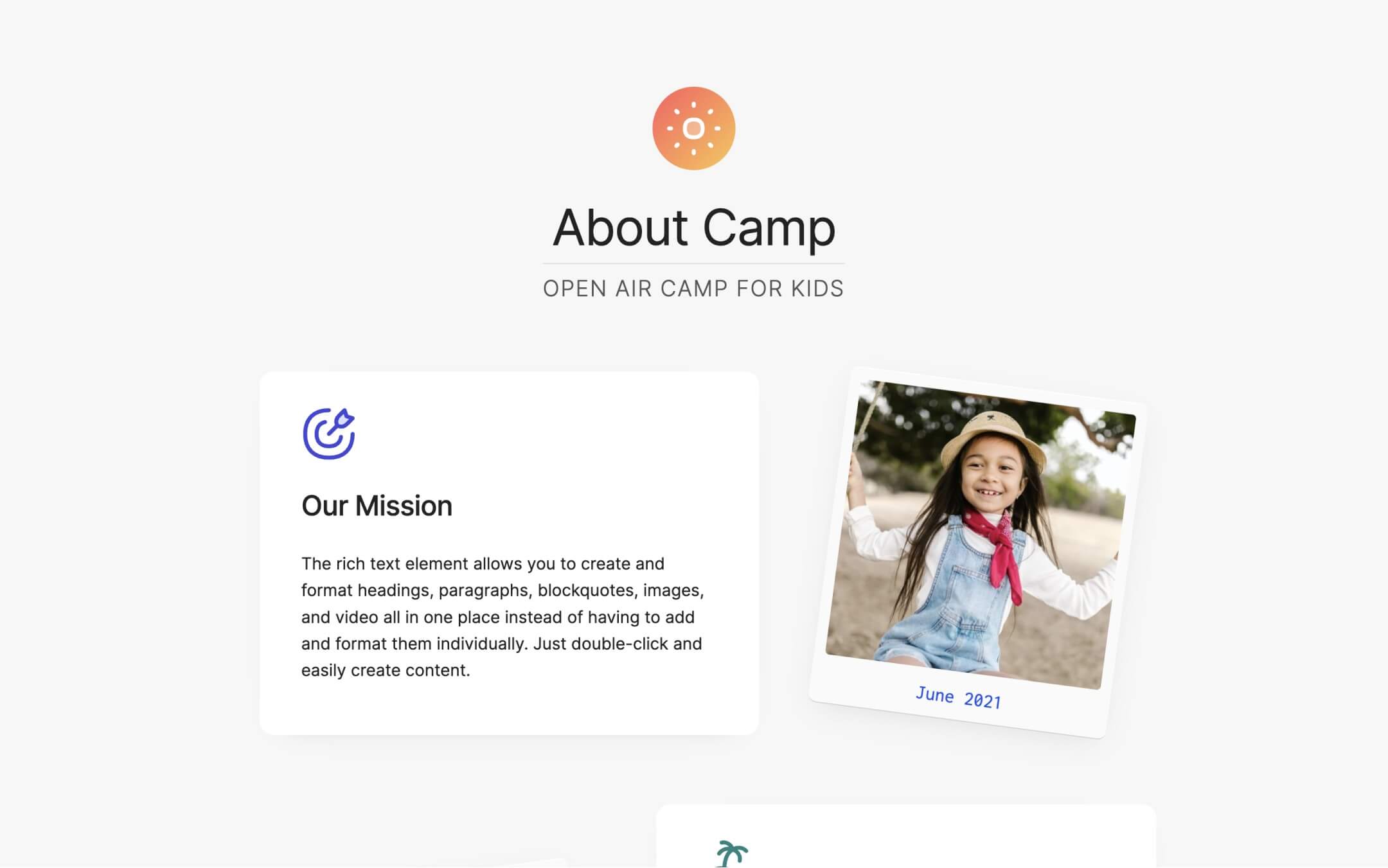 summer camp, non-profit webflow template, about page