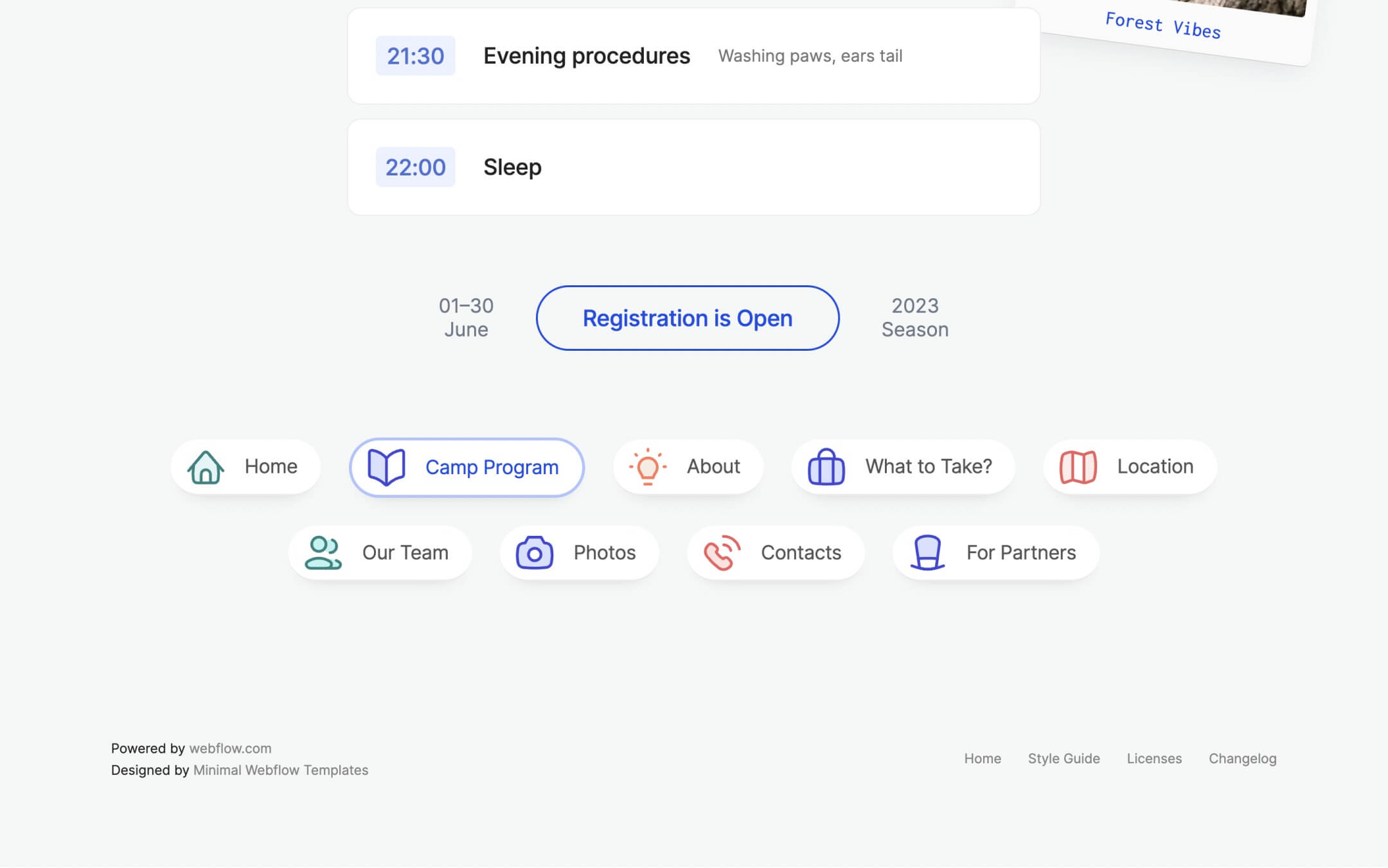 summer camp, non-profit webflow template, footer