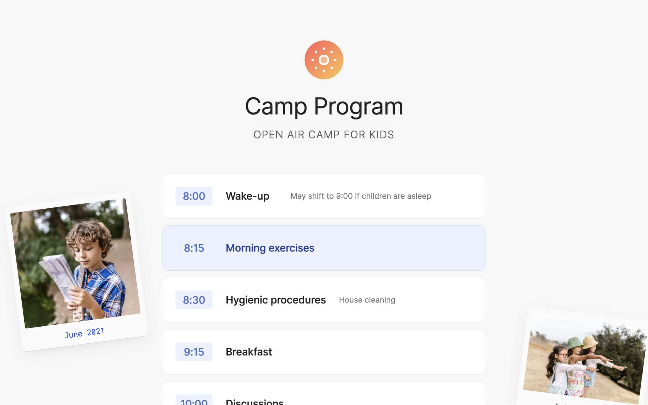 summer camp, non-profit webflow template, schedule page