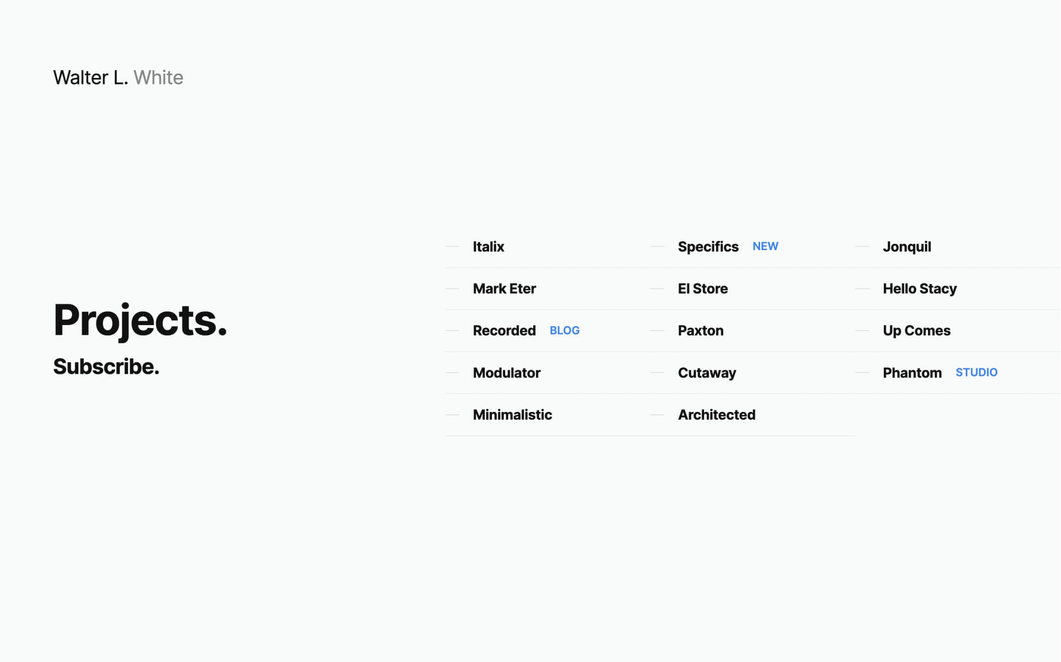 one page minimal creative portfolio webflow theme, projects list