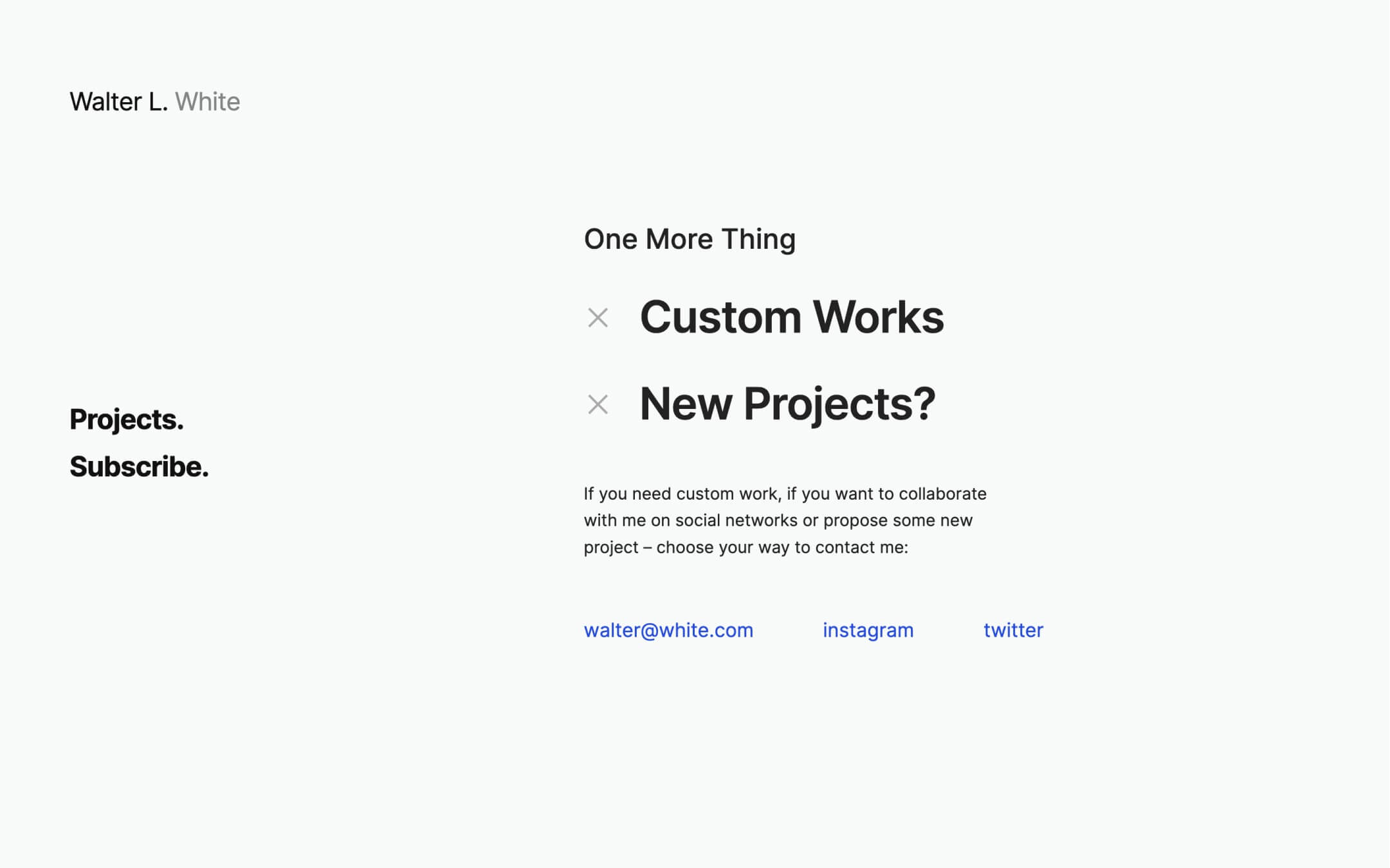 one page minimal creative portfolio webflow theme, contacts