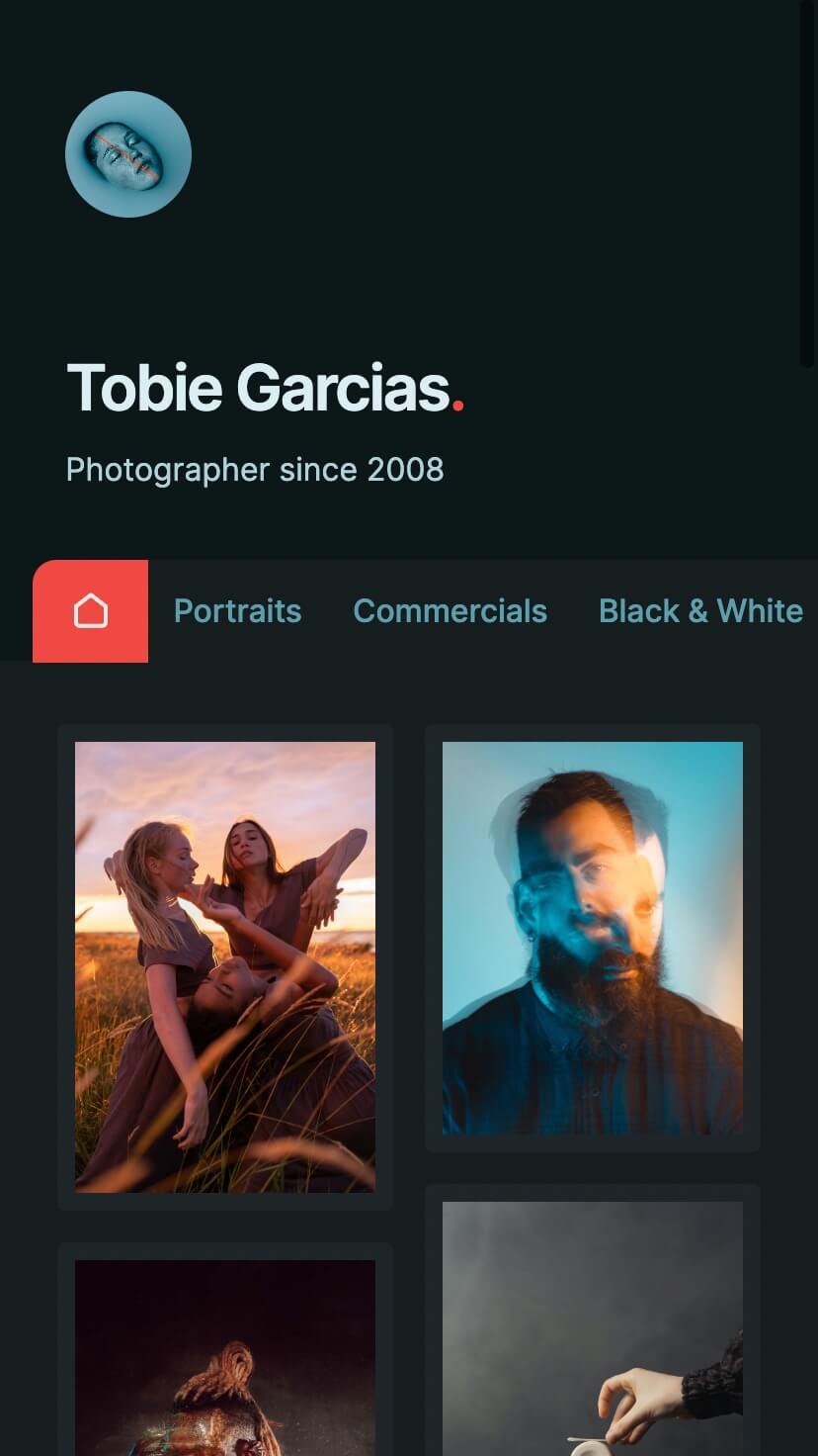 minimal webflow theme for photographers, mobile view