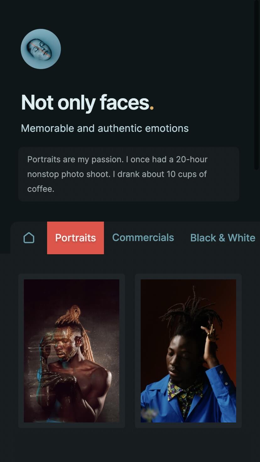 minimal webflow theme for photographers, mobile view