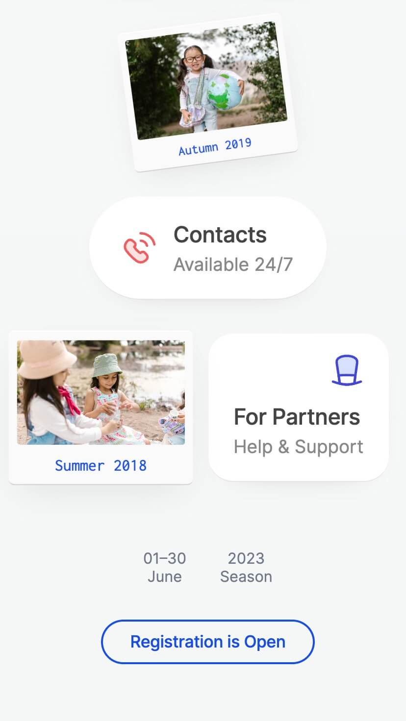 summer camp, non-profit webflow template, mobile view