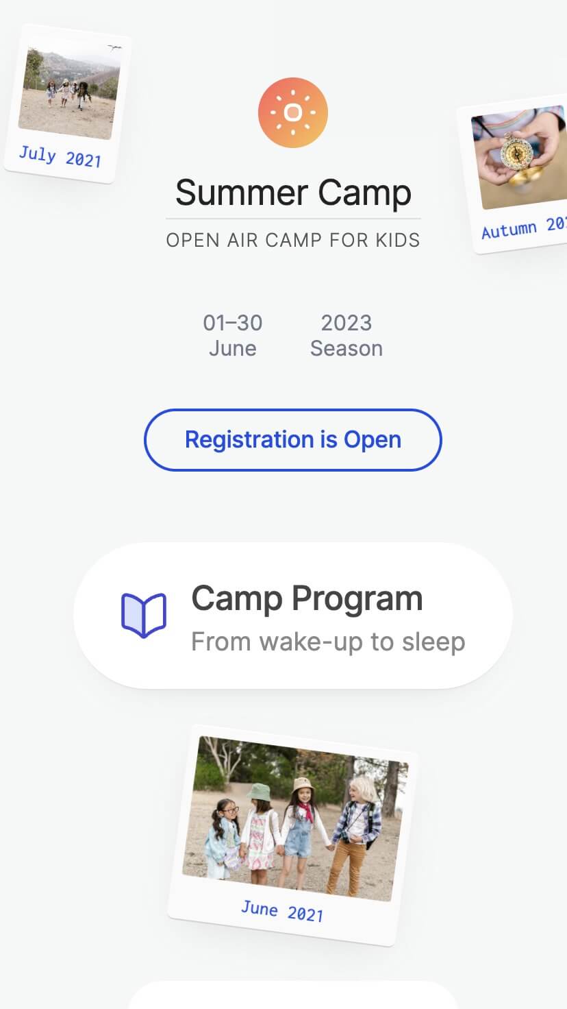 summer camp, non-profit webflow template, mobile view