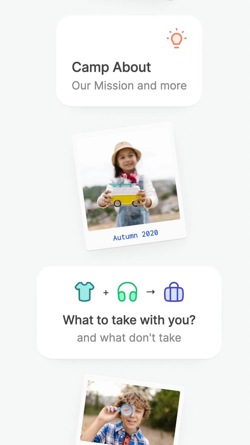 summer camp, non-profit webflow template, mobile view