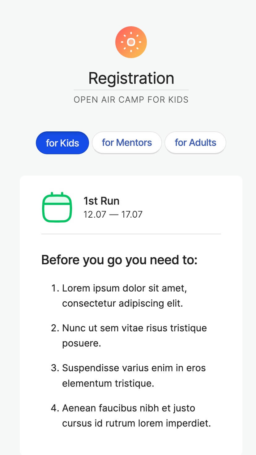 summer camp, non-profit webflow template, mobile view