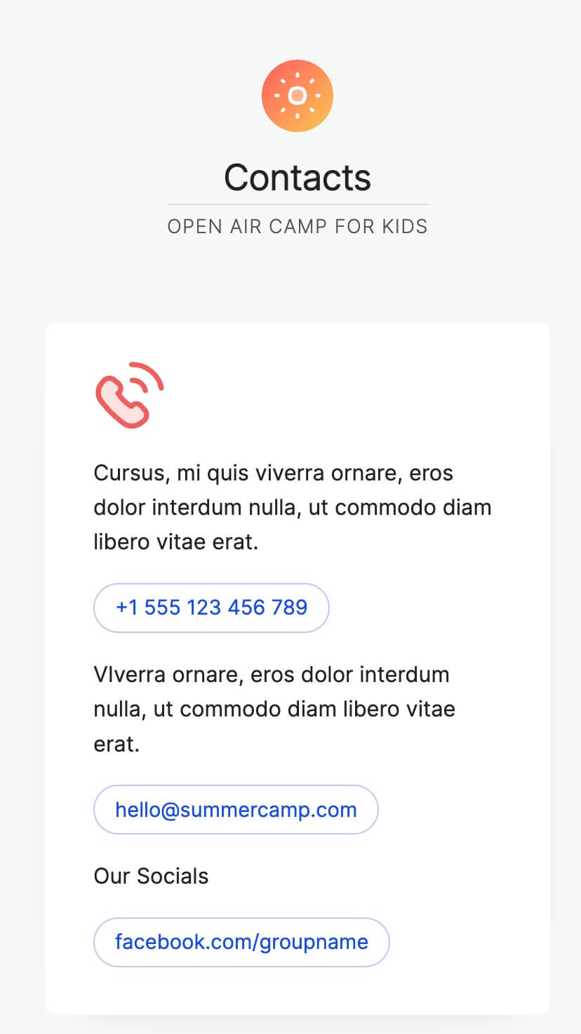 summer camp, non-profit webflow template, mobile view