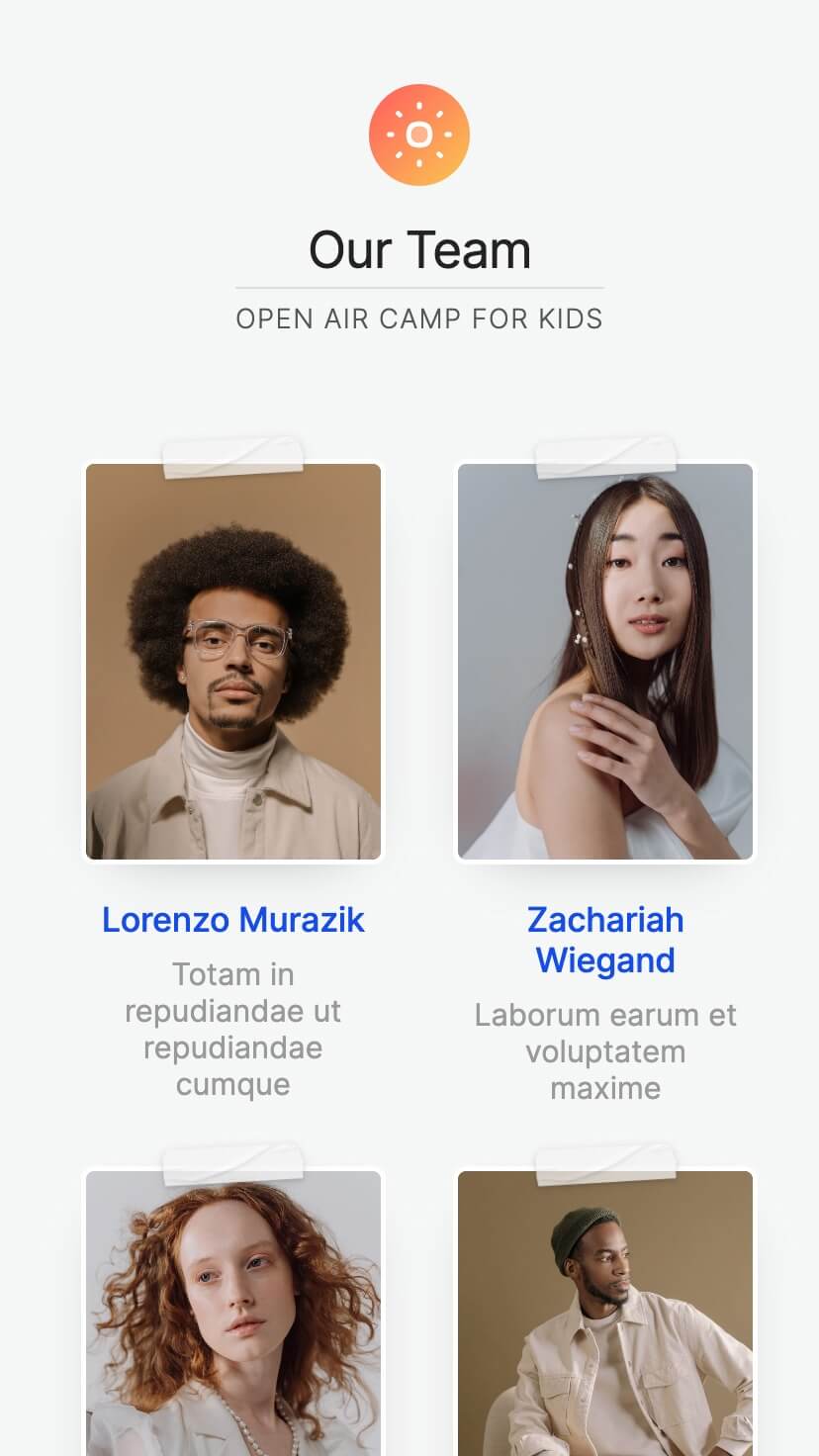 summer camp, non-profit webflow template, mobile view, team page