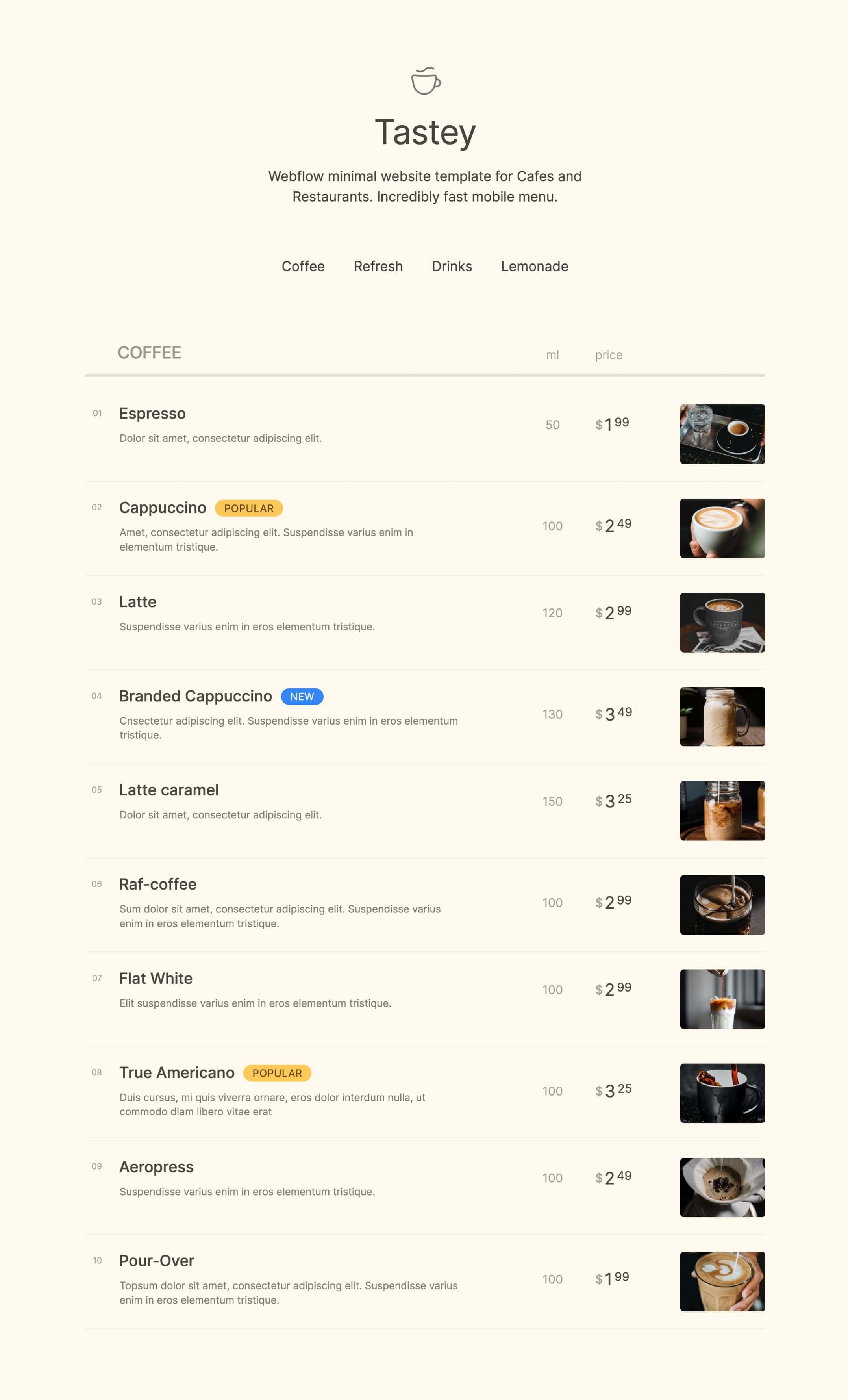 menu, restaurant, cafe, coffeeshop webflow template, version 2