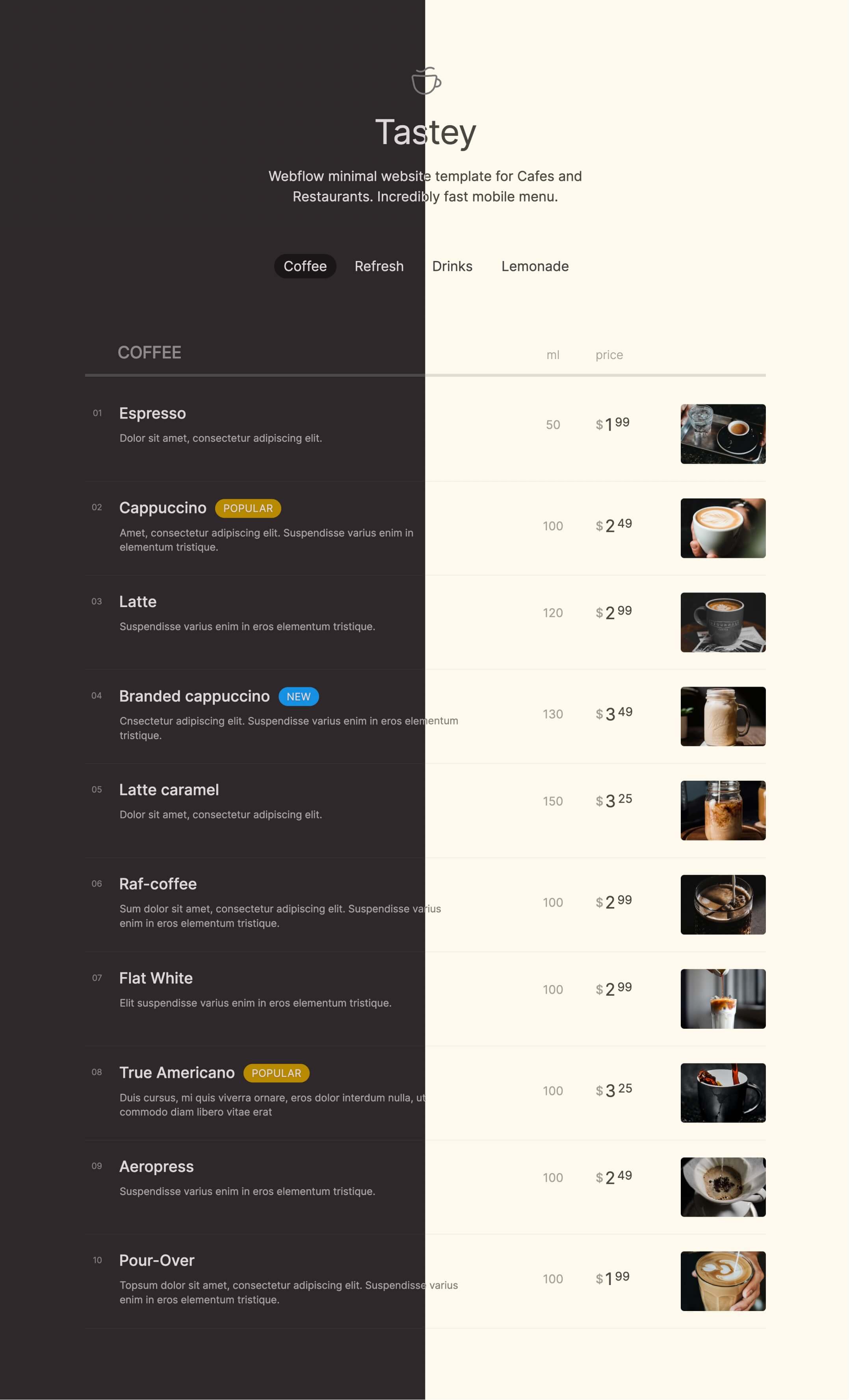 menu, restaurant, cafe, coffeeshop webflow template, dark, light theme