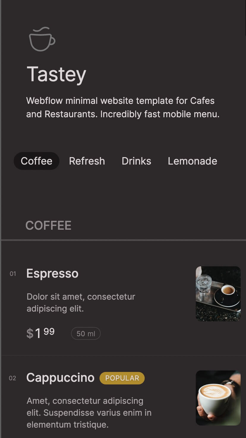 menu, restaurant, cafe, coffeeshop webflow template, mobile view