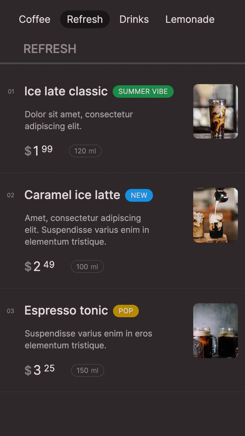 menu, restaurant, cafe, coffeeshop webflow template, mobile view