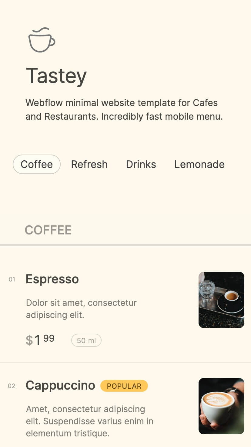 menu, restaurant, cafe, coffeeshop webflow template, mobile view