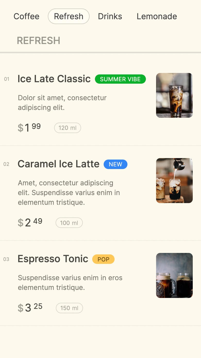 menu, restaurant, cafe, coffeeshop webflow template, mobile view