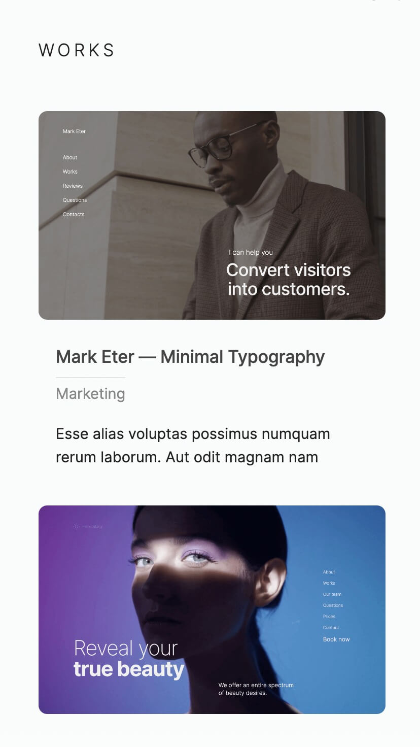 creative portfolio, minimalistic webflow theme, mobile responsive, works section