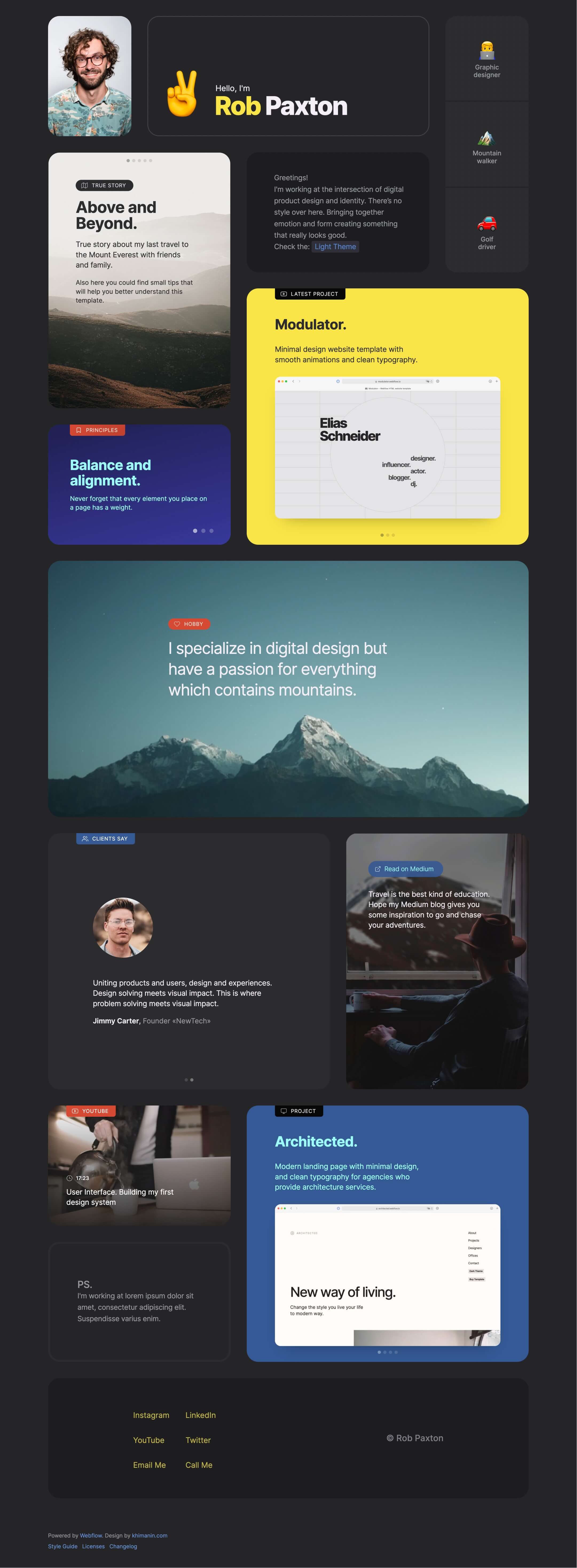 creative portfolio designer webflow template, dark theme