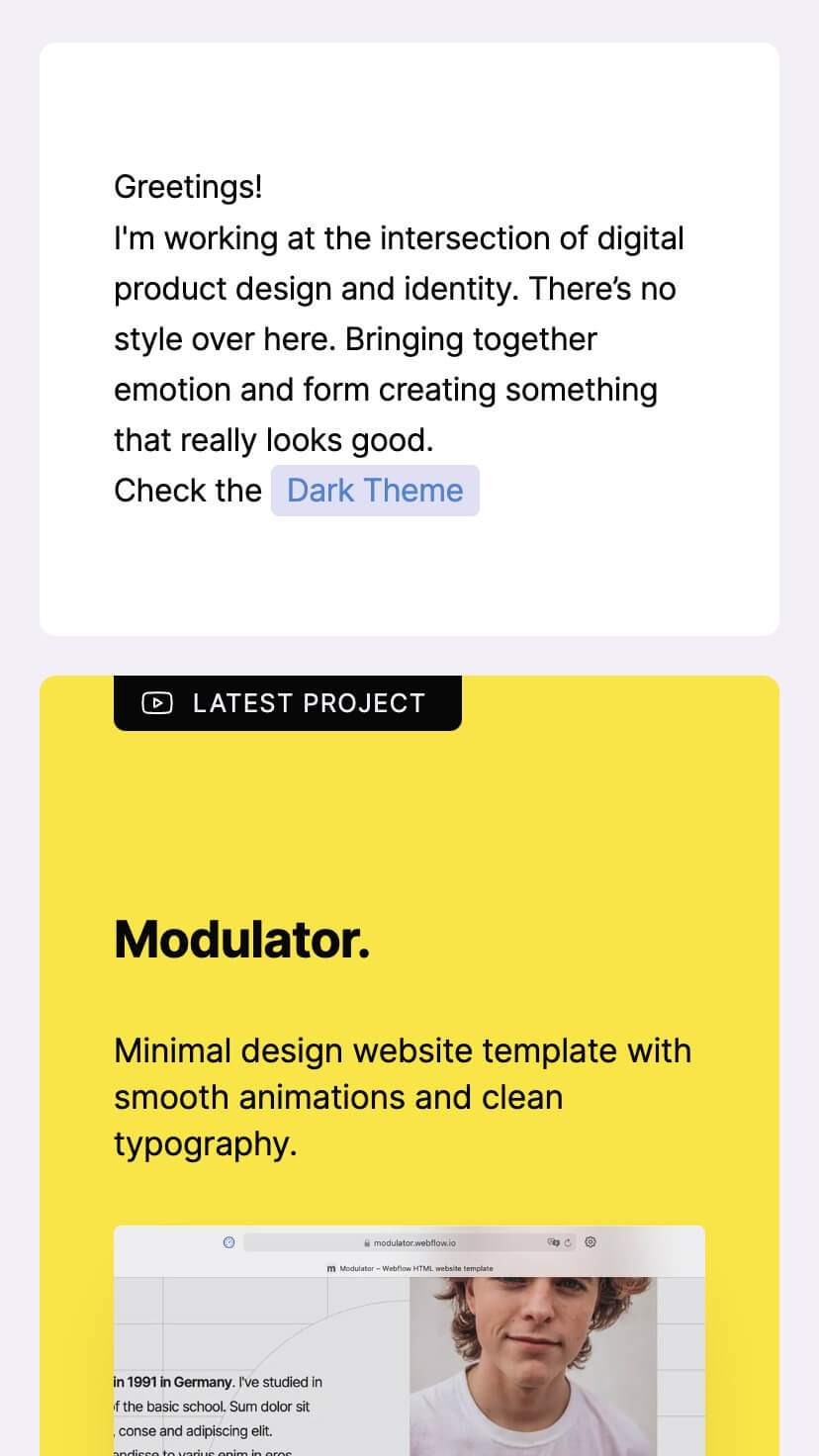 creative portfolio designer webflow template, mobile design