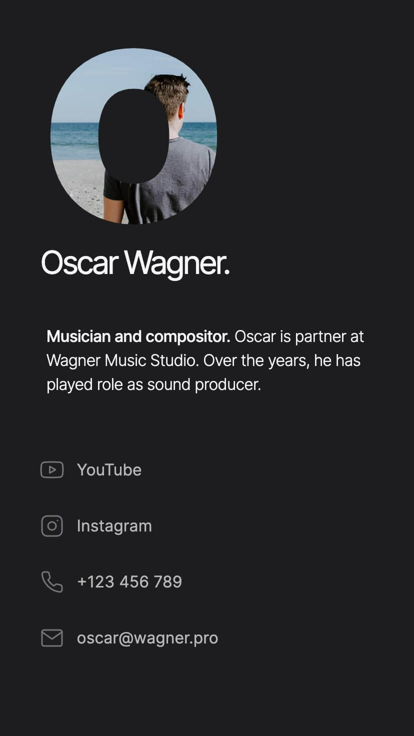 visit card webflow template, mobile design, dark theme