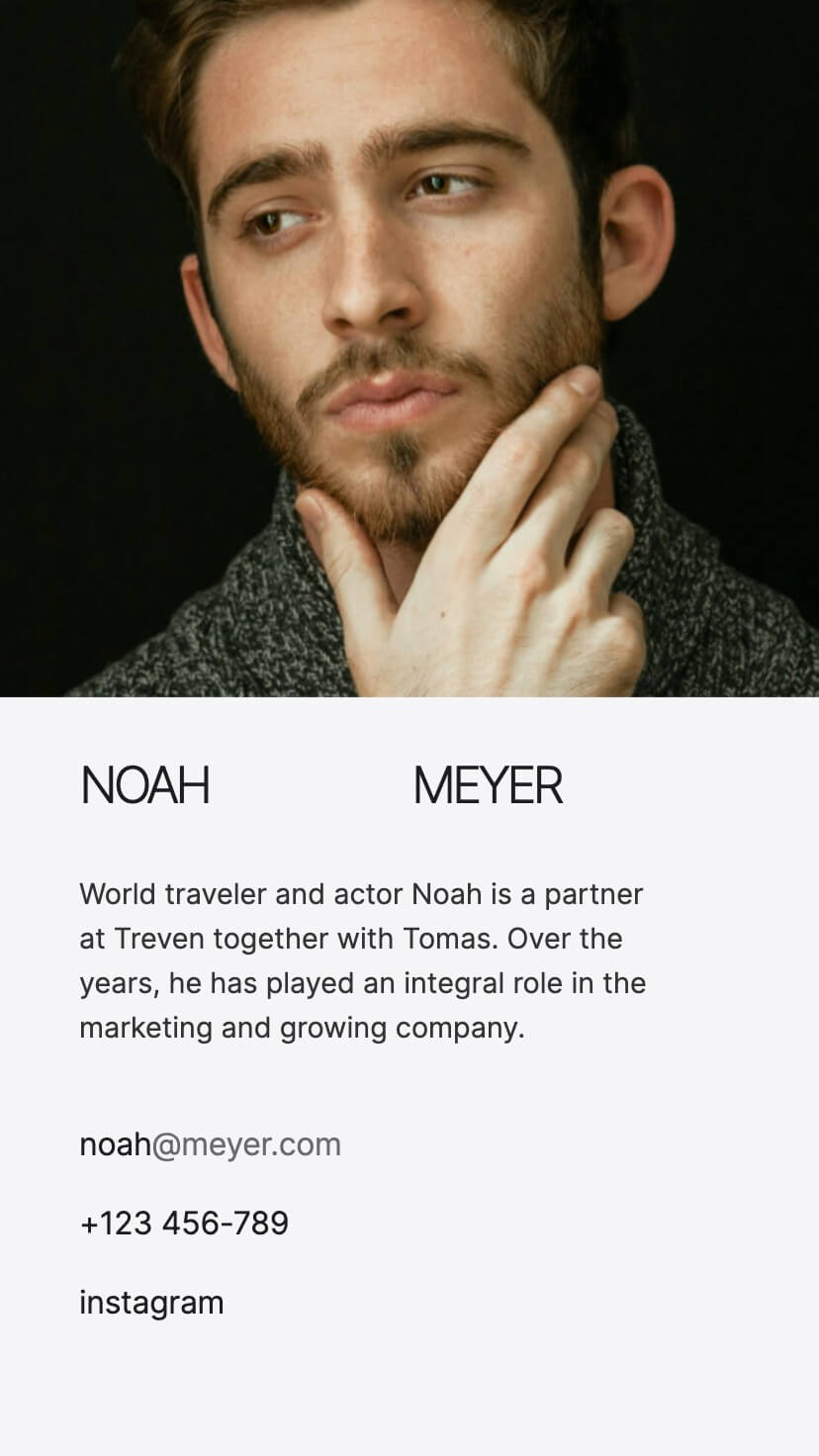 visit card webflow template, mobile design