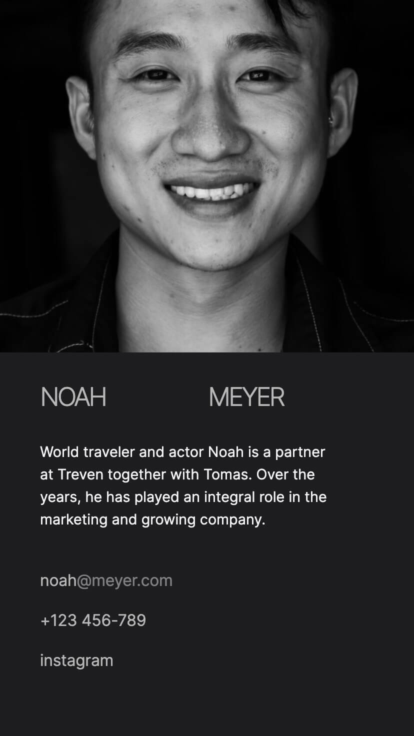 visit card webflow template, mobile design, dark theme