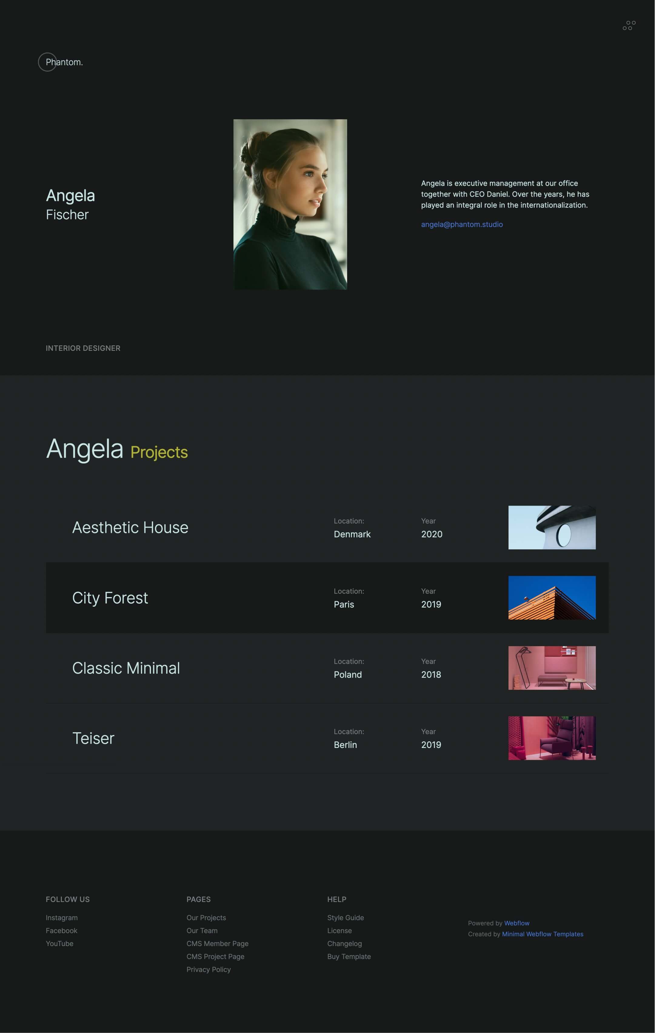 dark design webflow template, interior, architecture