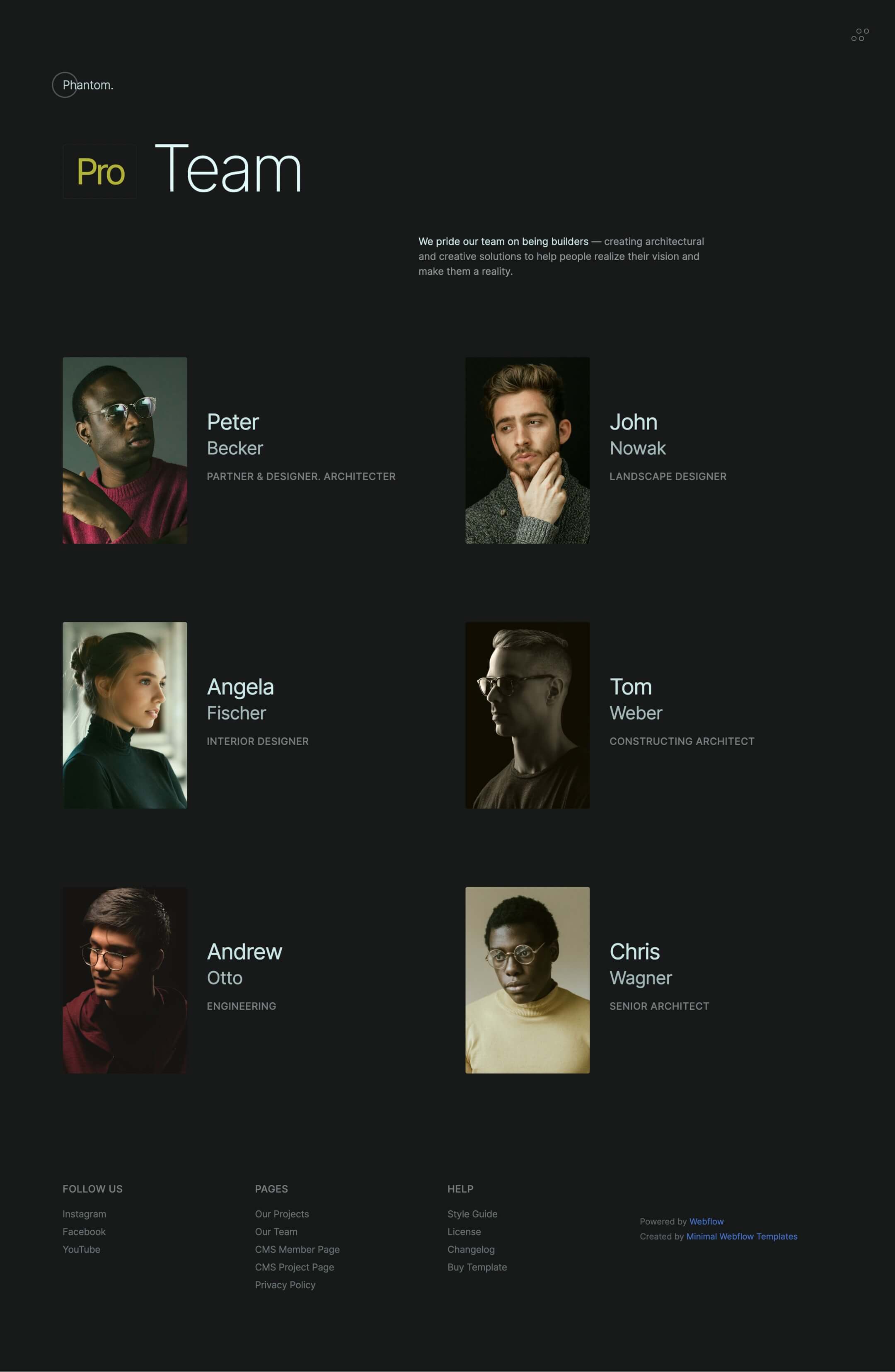 dark design webflow template, interior, architecture, team