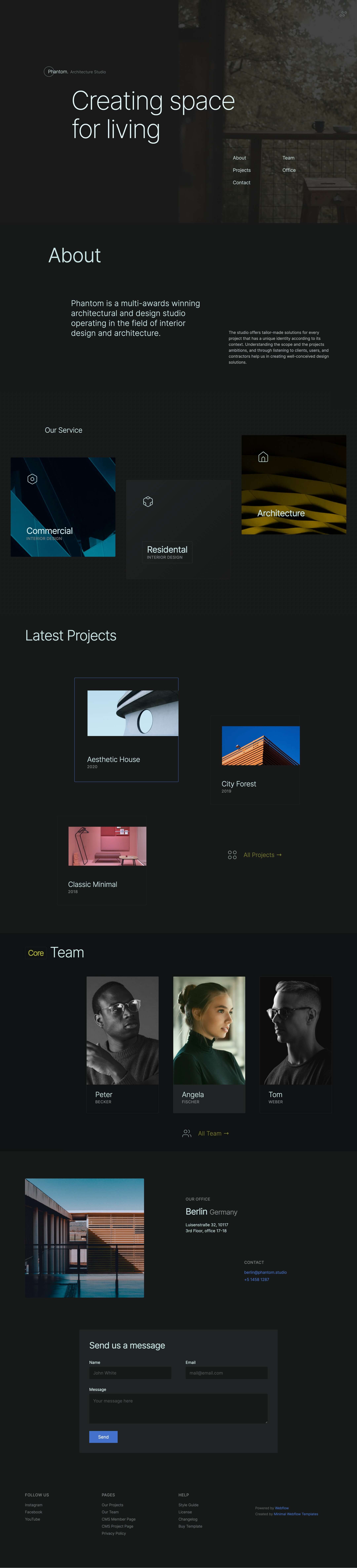 dark design webflow template, interior, architecture