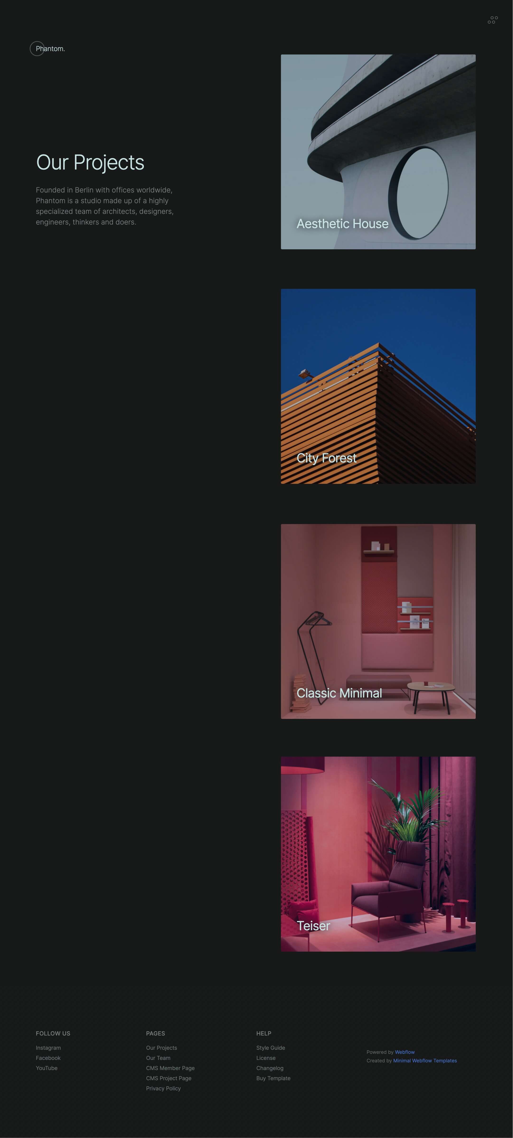 dark design webflow template, interior, architecture