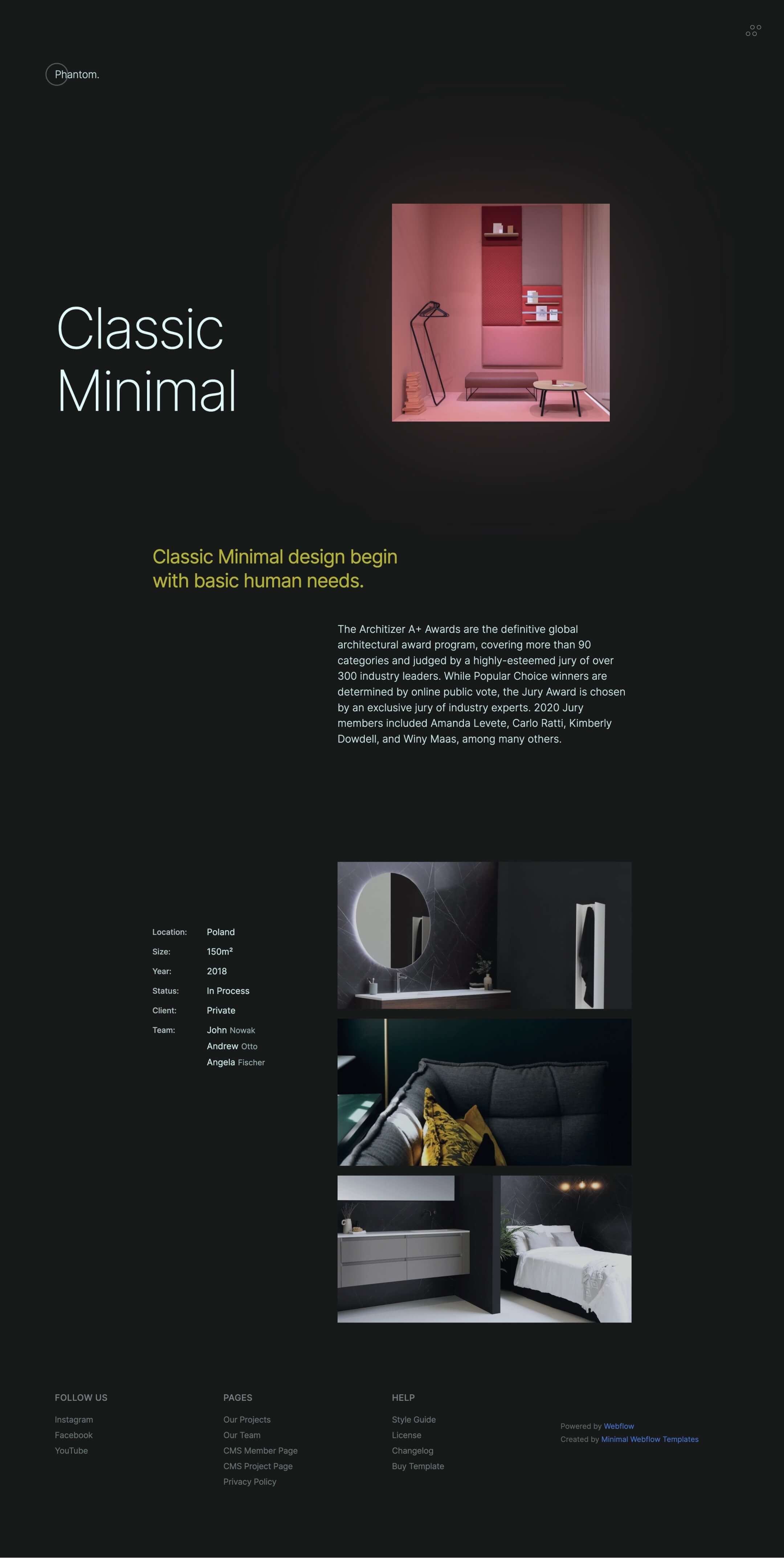 dark design webflow template, interior, architecture