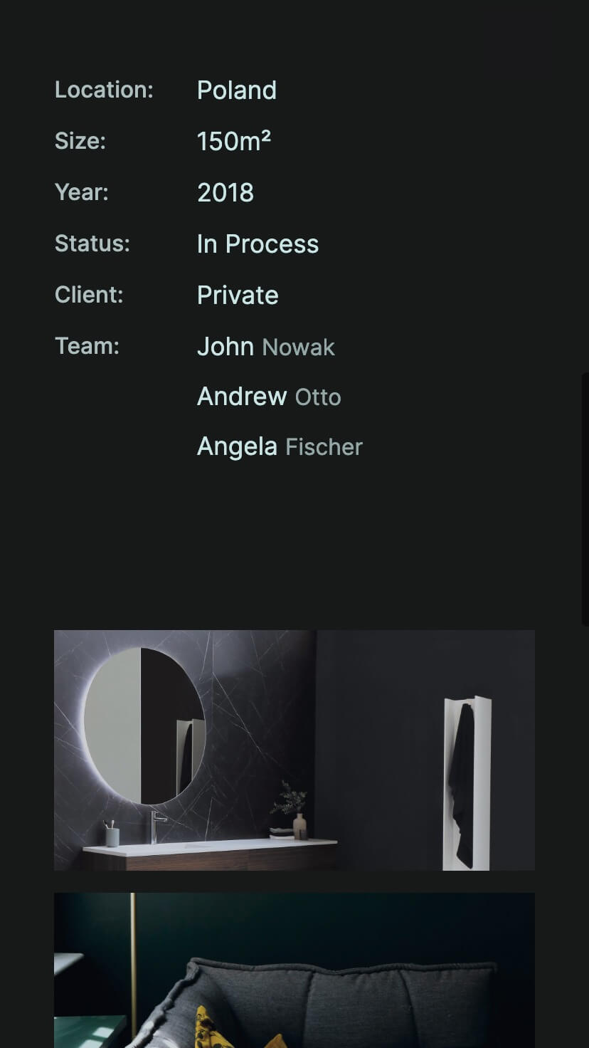dark design webflow template, interior, architecture, mobile design