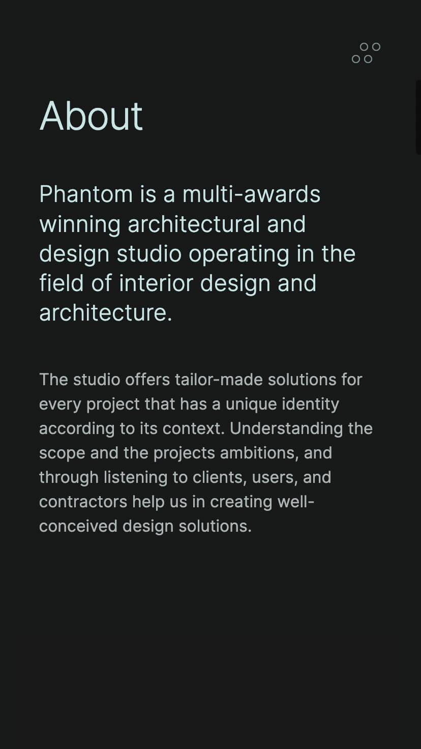 dark design webflow template, interior, architecture, mobile design