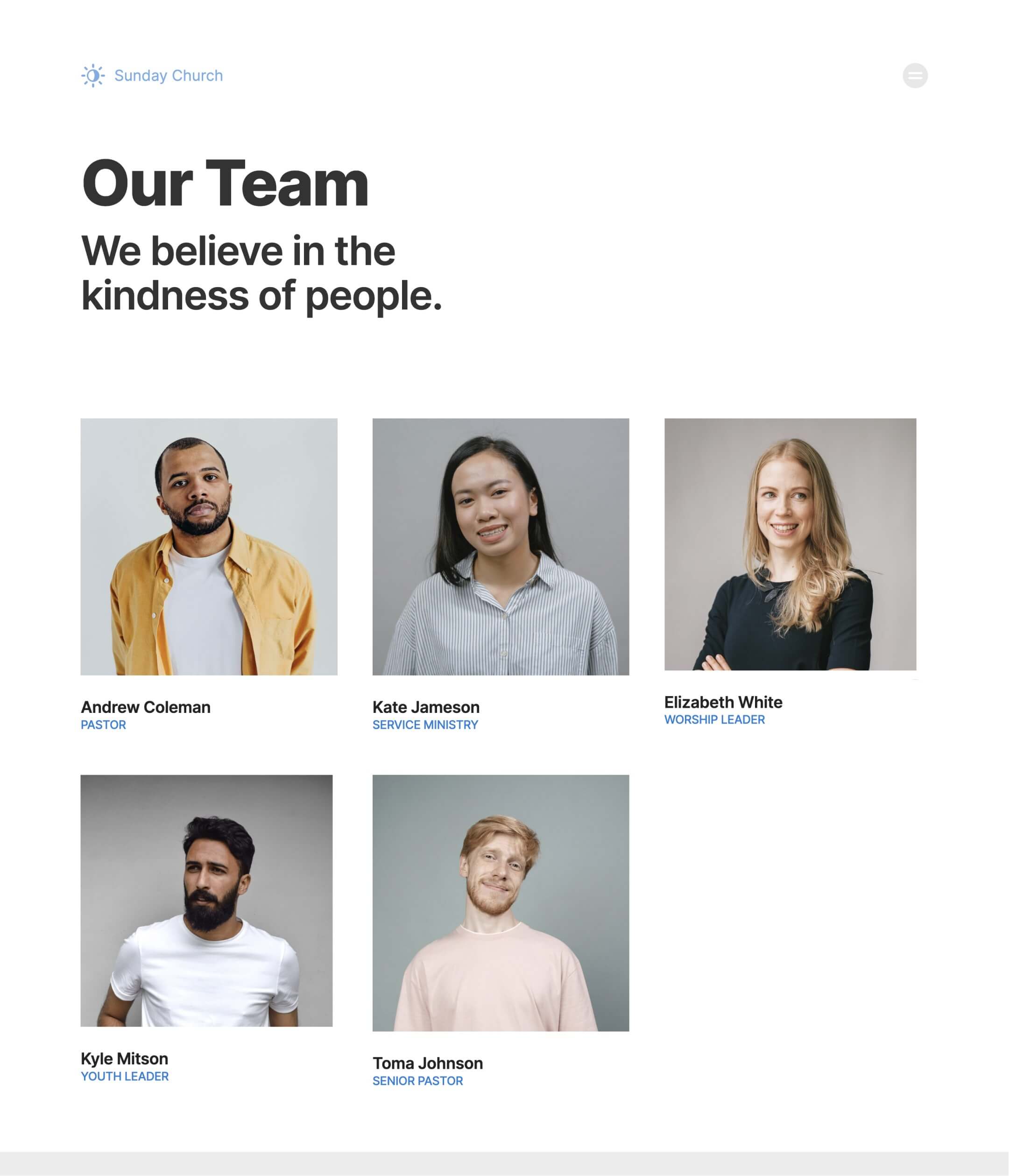 church, non profit, company webflow template, team