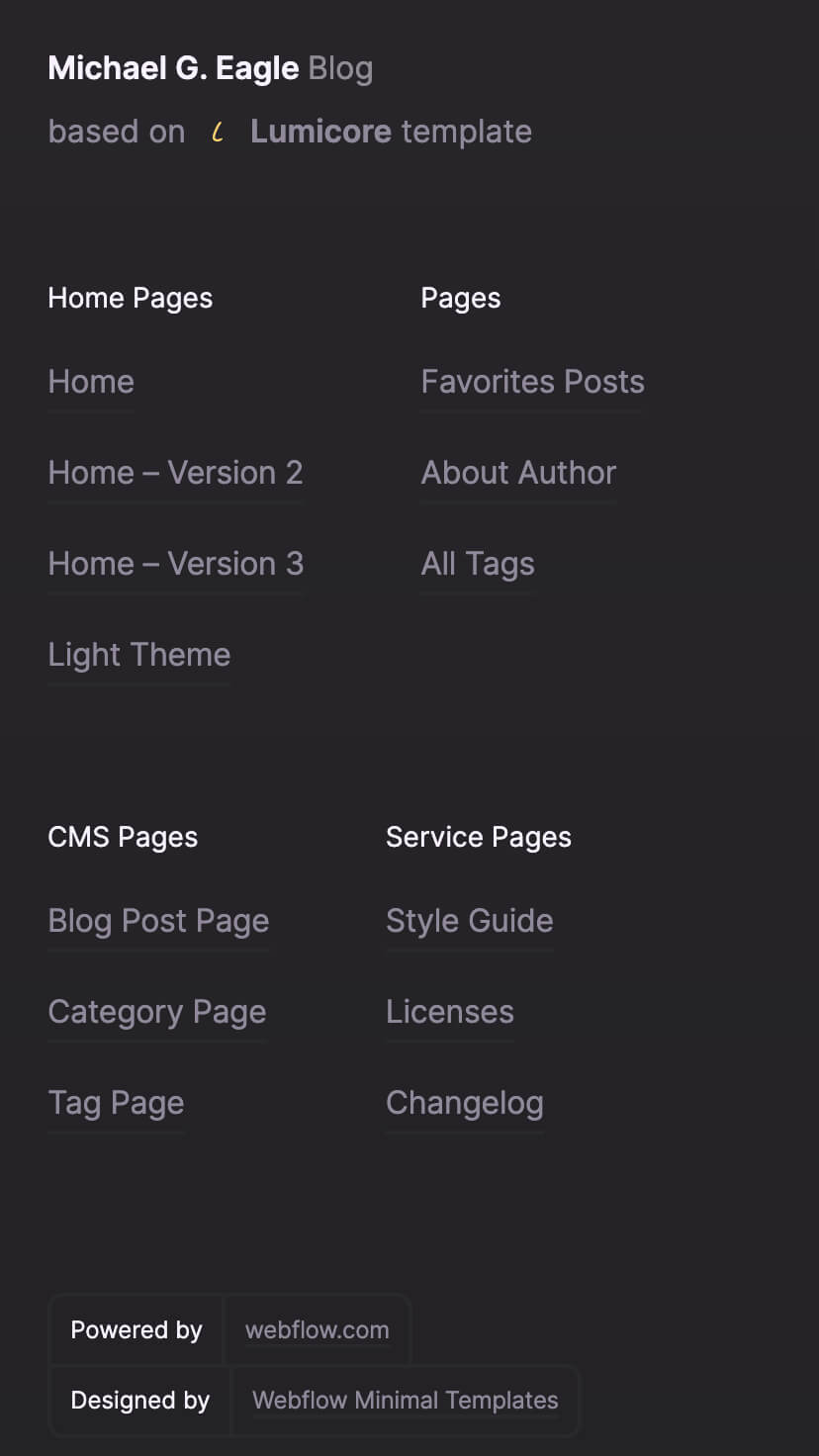 webflow blog template, dark theme