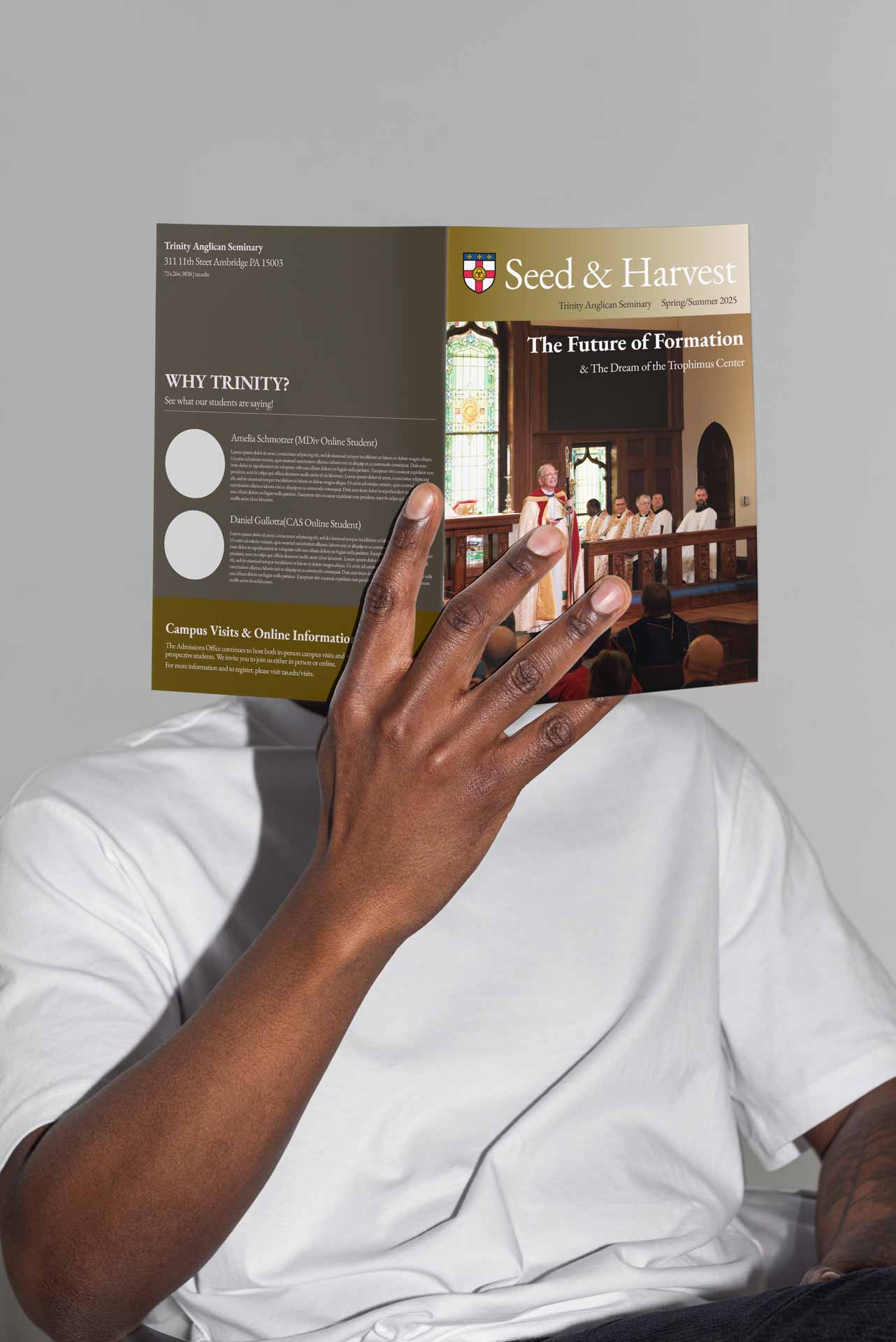 Person reading the Seed & Harvest magazine featuring a seminary service, inviting visitors to explore Trinity’s publications.