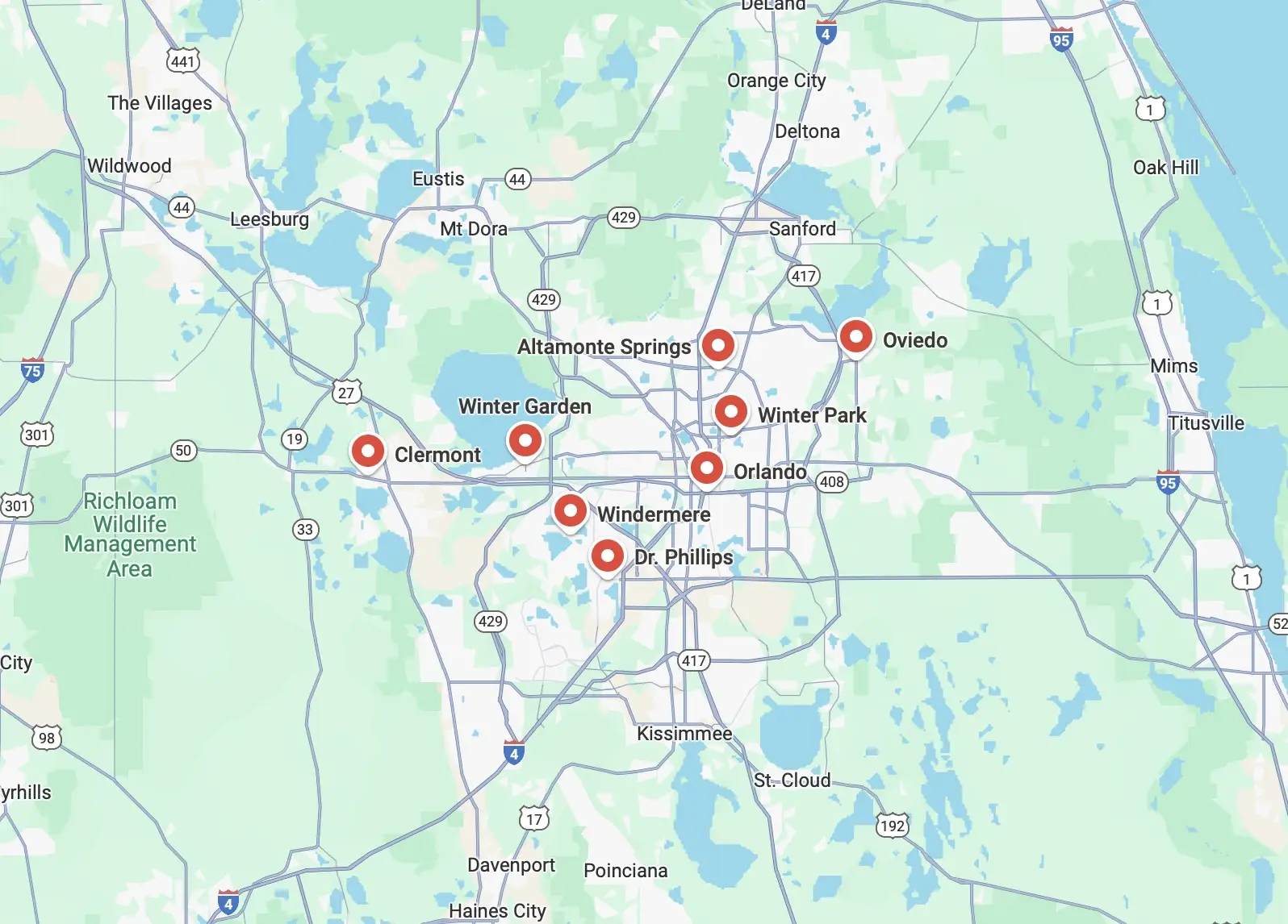 Map of Central Florida showing Orlando and surrounding cities with red markers