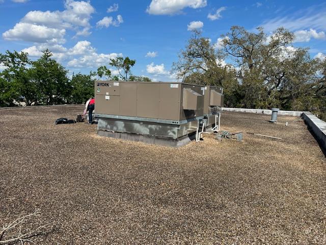 HVAC unit on a gravel roof with trees and cloudy blue sky