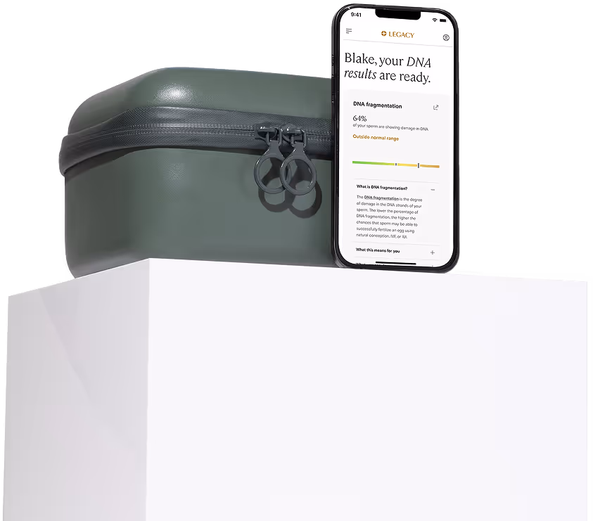 Green zippered hard case next to a smartphone displaying DNA analysis results with 64% DNA fragmentation outside normal range for user Blake.