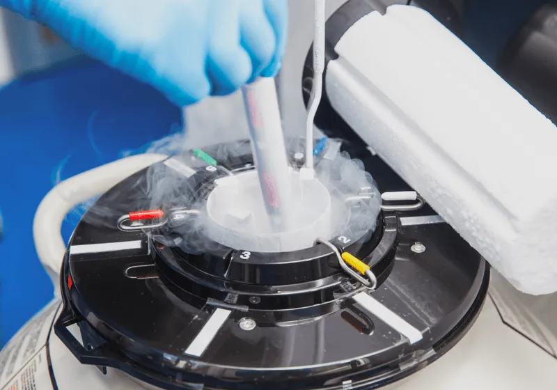 Gloved hand placing a vial into a cryostorage tank—secure, temperature-controlled sperm preservation using liquid nitrogen