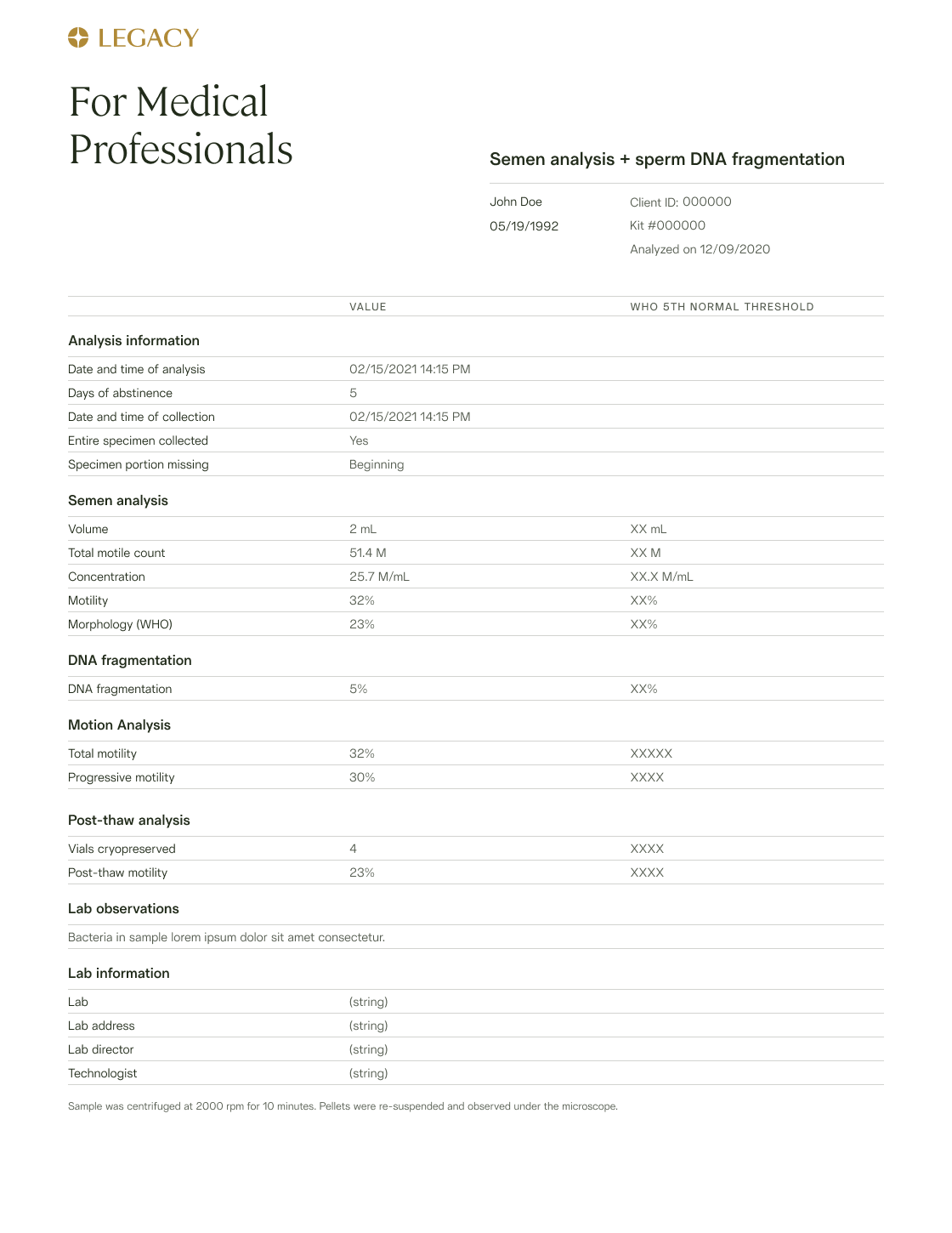 Legacy medical report for John Doe showing semen analysis and sperm DNA fragmentation results with dates, volume, motility, morphology, DNA fragmentation percentage, and lab information.