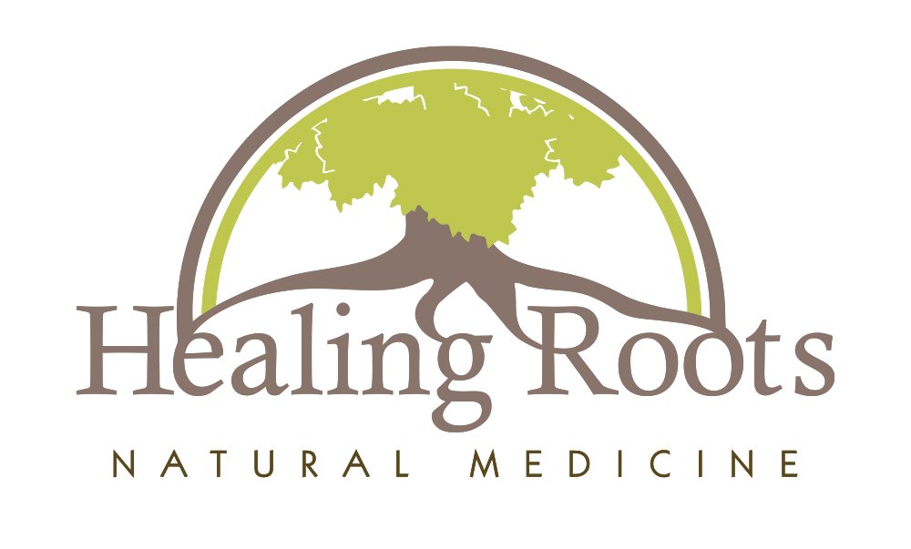Healing Roots Natural Medicine logo with a stylized tree and roots inside a circle.