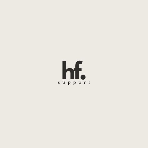 Logo with lowercase letters 'hf.' above the word 'support' on a light gray background.