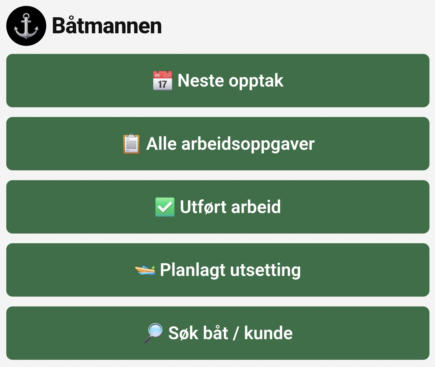 Mobilvisning av Båtmannen-systemet med valg for opptak, arbeidsoppgaver, utført arbeid, utsetting og søk
