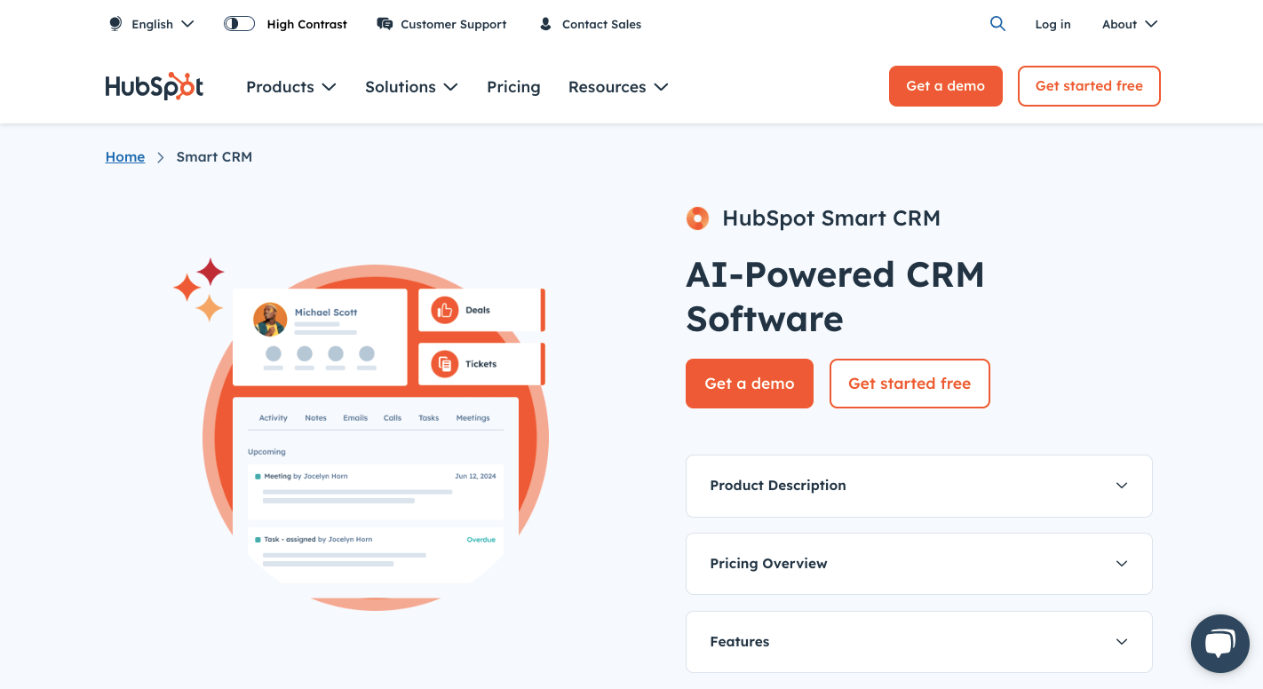 HubSpot Smart CRM webpage featuring AI-powered CRM software with contact profile, deals and tickets interface, and call-to-action buttons for demo and free start.